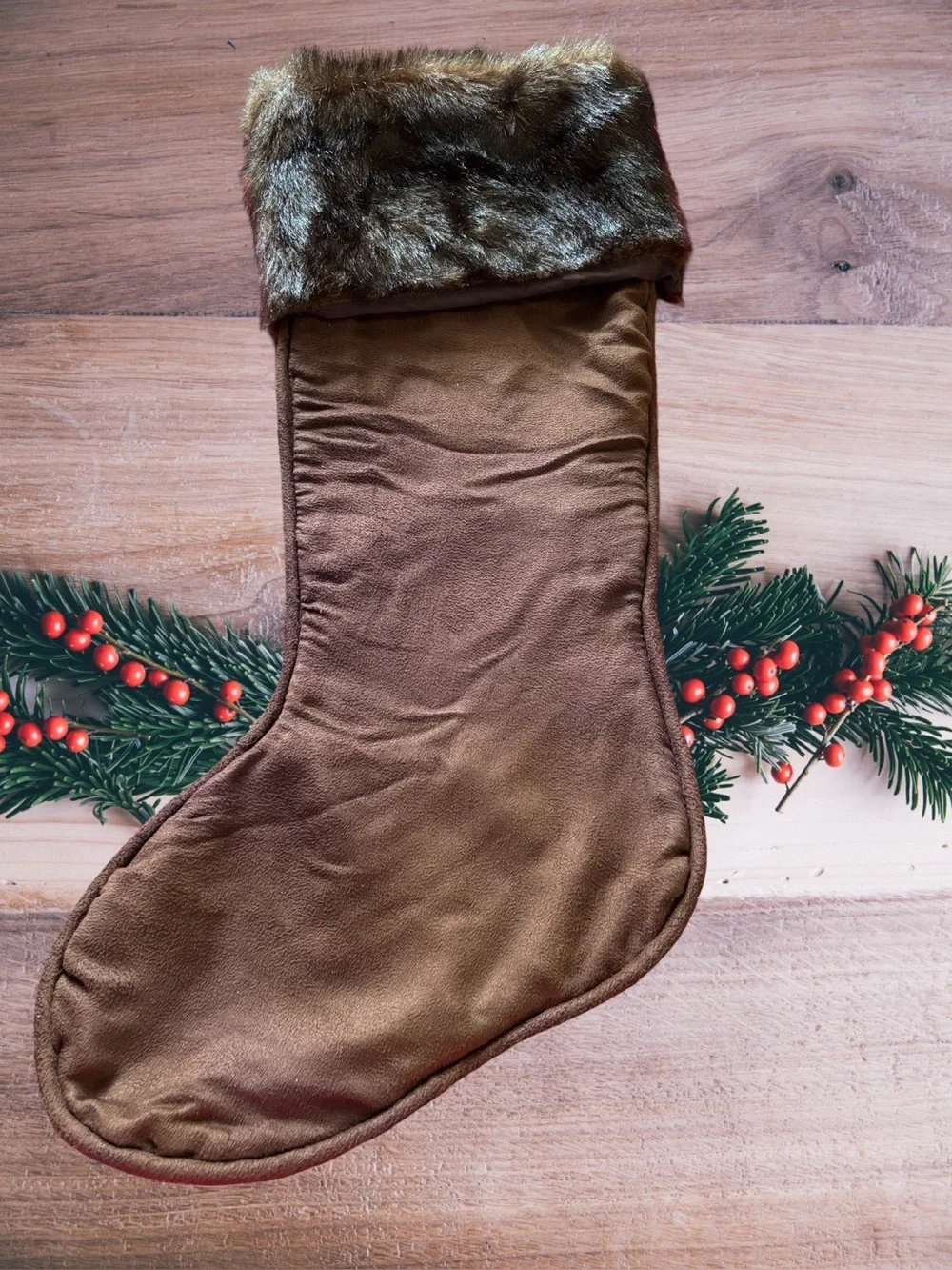 Brown Faux Fur Cuff Holiday Stocking with Embroidered Stag